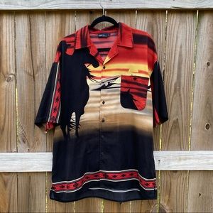 Oscar Misa Aztec Western All Over Print Button Front Shirt  Pocket Horses